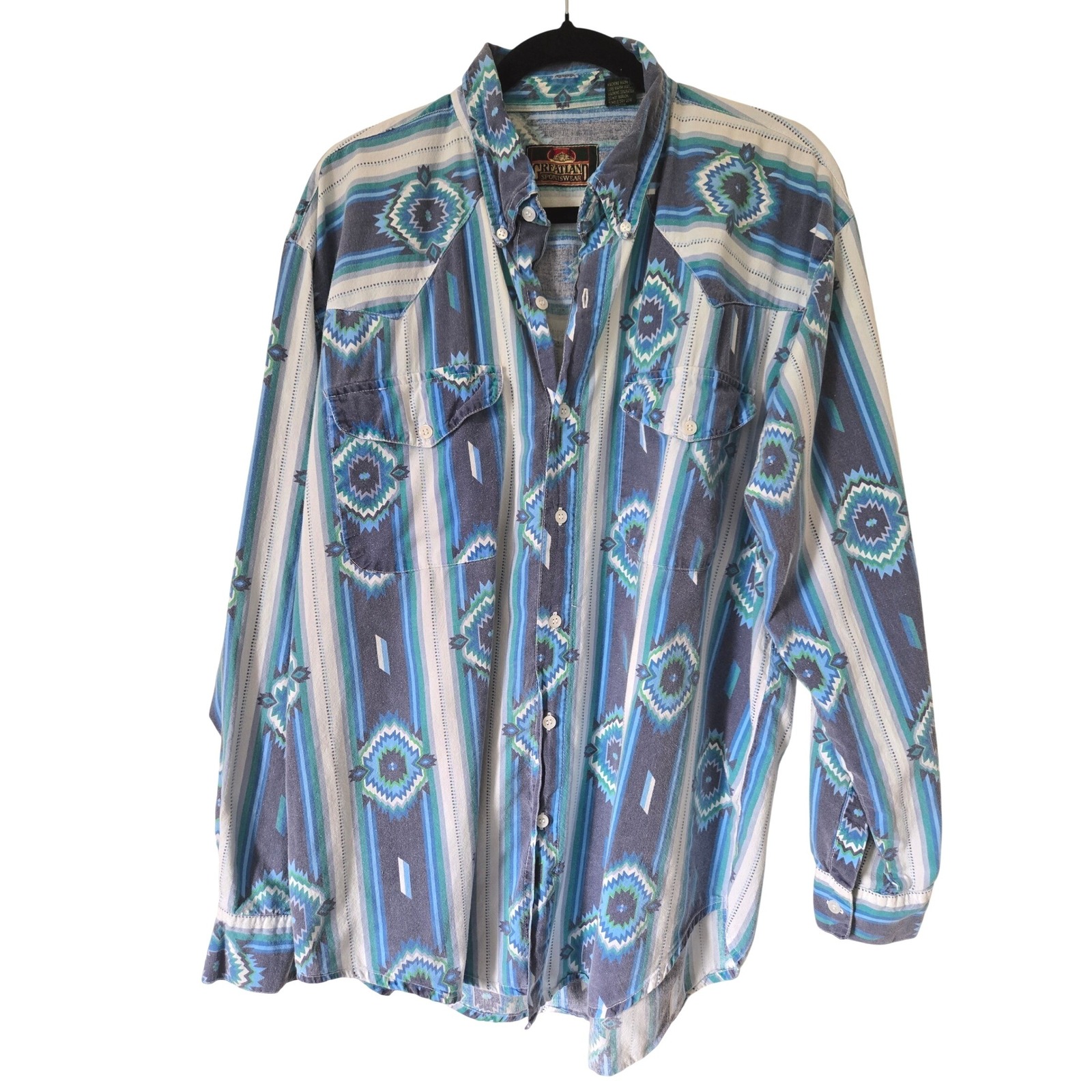 Greatland Sportswear Vintage Mens Large Blue Southwestern Aztec Western Shirt